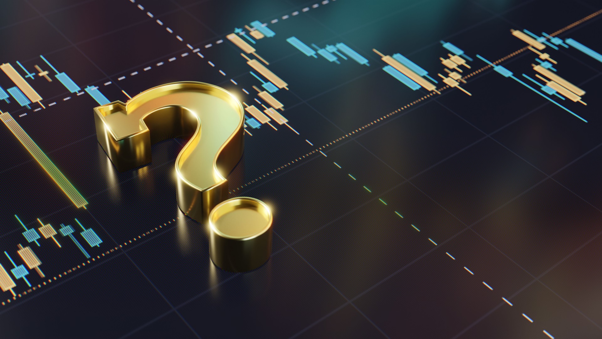 Golden Question Mark Over Financial Chart Representing Stock Market Analysis and Uncertainty in Financial Business